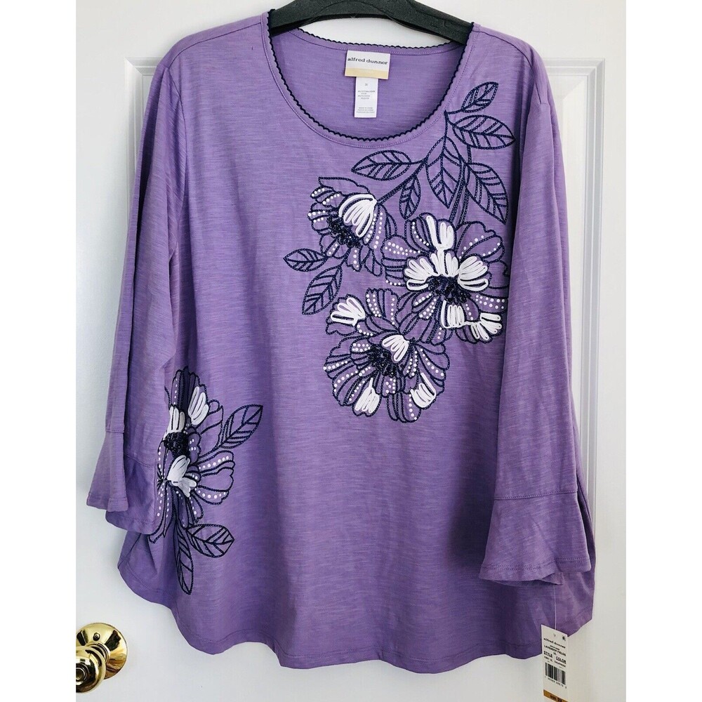 ALFRED DUNNER WOMEN'S TOPS PULLOVER SIZE 3X LAVANDA FLORAL EMBROIDERED PS2103 - Picture 2 of 8